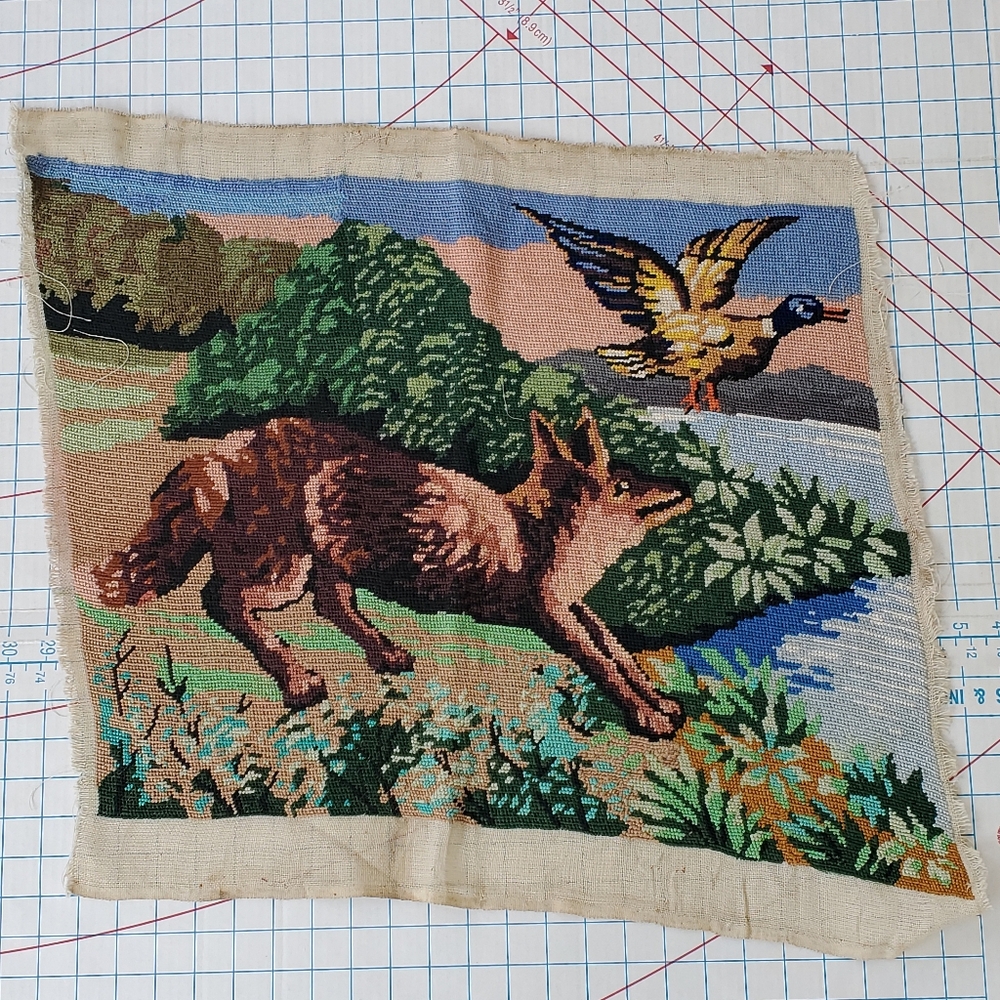 Coyote Dog Duck Embroidered Tapestry Piece 22x18 Handmade Cottagecore Rectangle